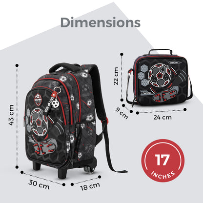 Eazy Kids 17” 3-Piece Trolley School Backpack Set for Kids – Football Design with Lunch Bag & Pencil Case, Black