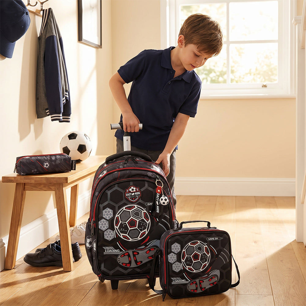Eazy Kids 17” 3-Piece Trolley School Backpack Set for Kids – Football Design with Lunch Bag & Pencil Case, Black