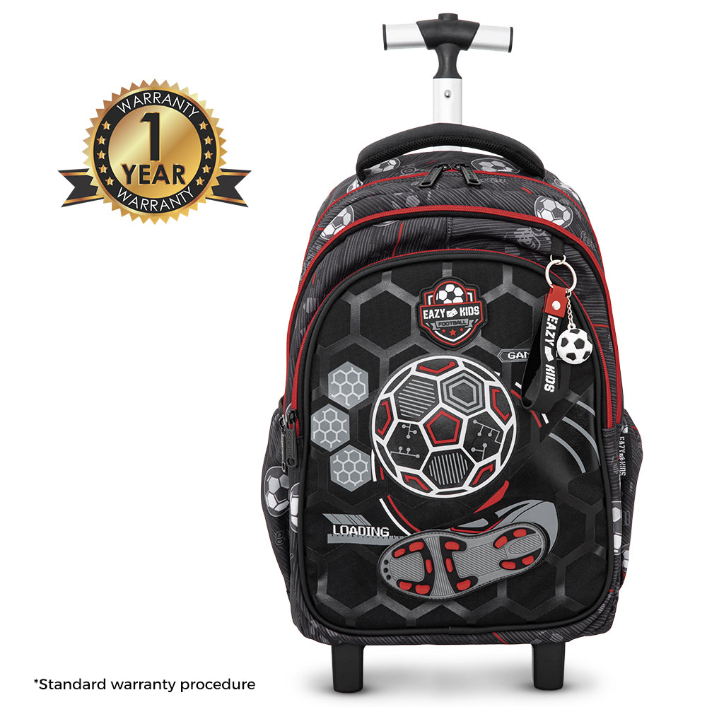 Eazy Kids 17” 3-Piece Trolley School Backpack Set for Kids – Football Design with Lunch Bag & Pencil Case, Black