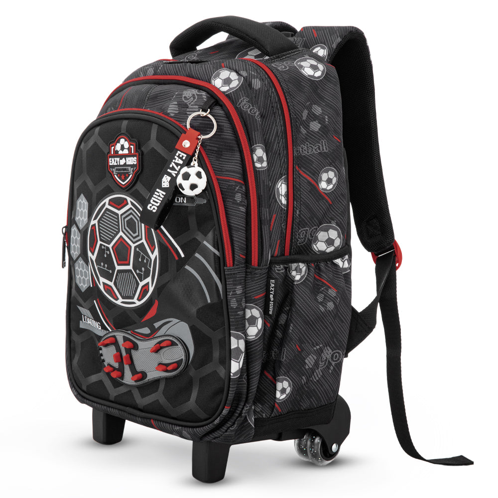 Eazy Kids 17” 3-Piece Trolley School Backpack Set for Kids – Football Design with Lunch Bag & Pencil Case, Black