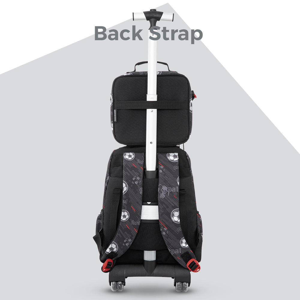 Eazy Kids 17” 3-Piece Trolley School Backpack Set for Kids – Football Design with Lunch Bag & Pencil Case, Black