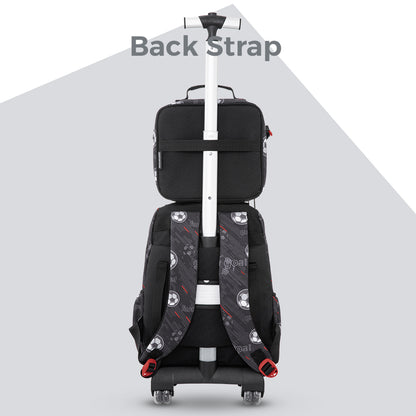 Eazy Kids 17” 3-Piece Trolley School Backpack Set for Kids – Football Design with Lunch Bag & Pencil Case, Black