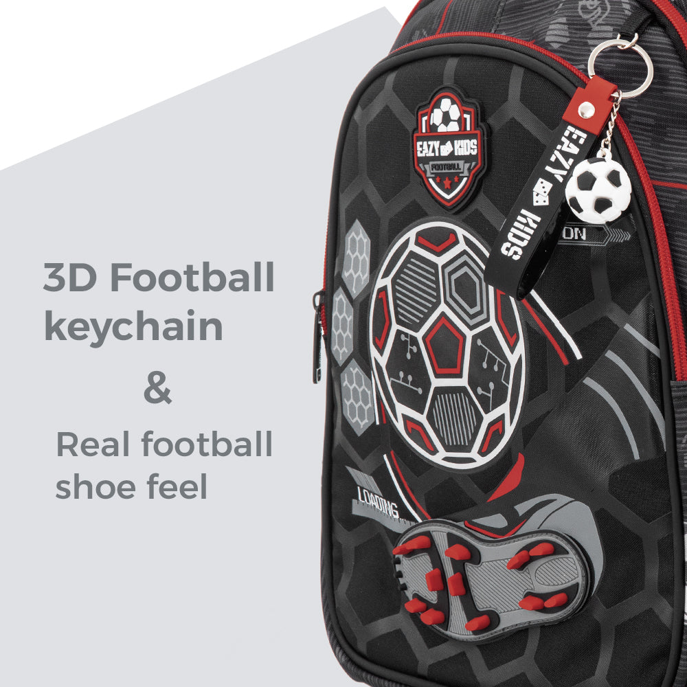 Eazy Kids 17” 3-Piece Trolley School Backpack Set for Kids – Football Design with Lunch Bag & Pencil Case, Black