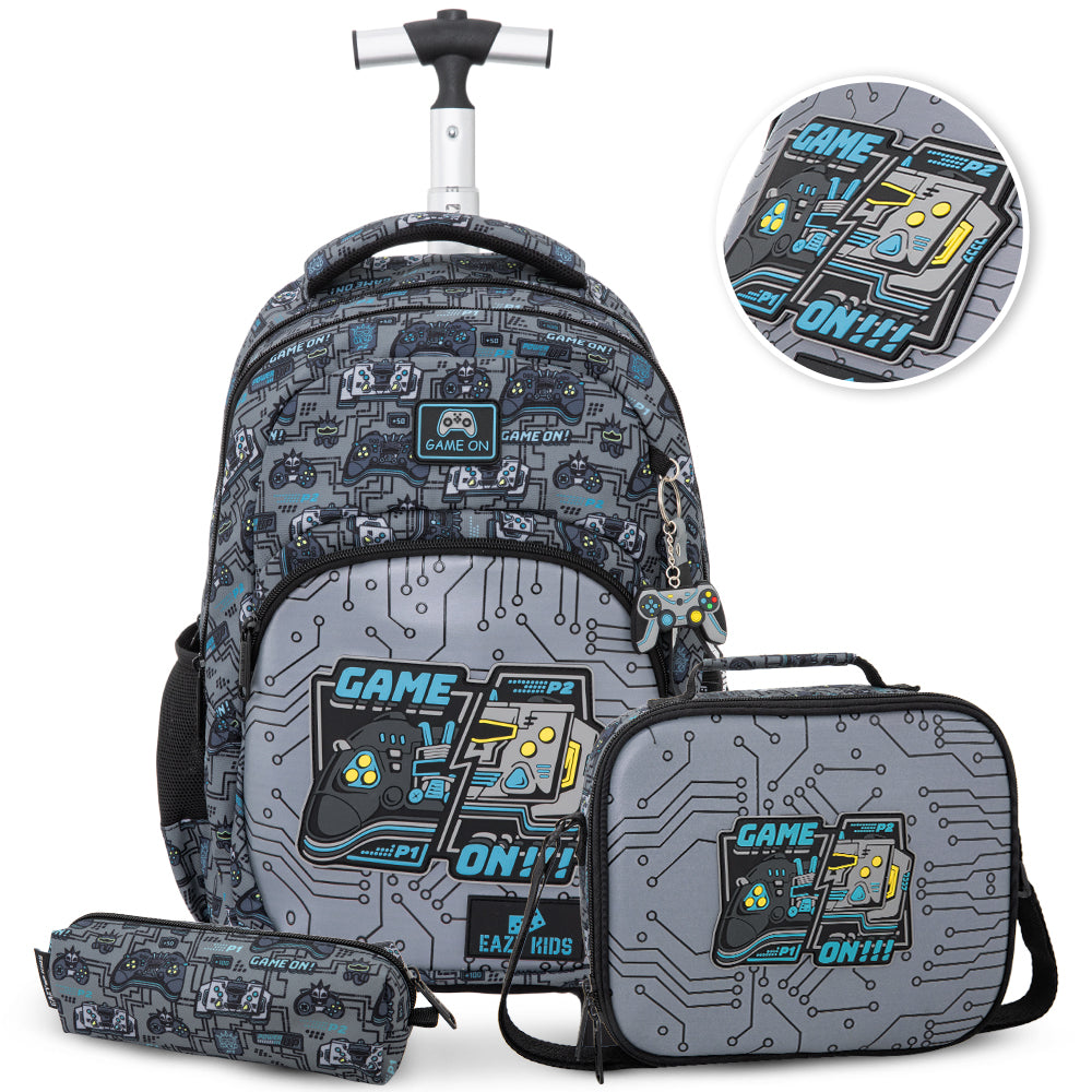 Eazy Kids 17” 3-Piece Trolley School Backpack Set for Kids – Gaming Design with Lunch Bag & Pencil Case, Grey