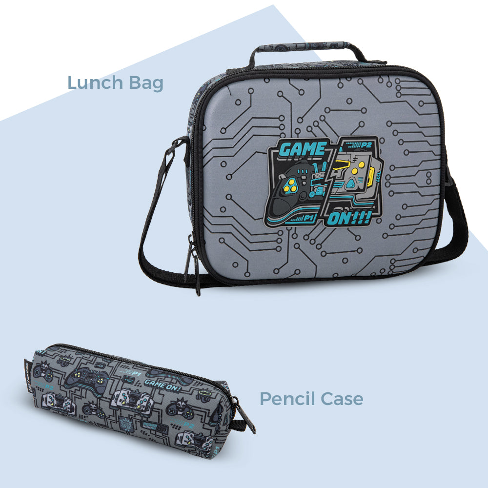 Eazy Kids 17” 3-Piece Trolley School Backpack Set for Kids – Gaming Design with Lunch Bag & Pencil Case, Grey