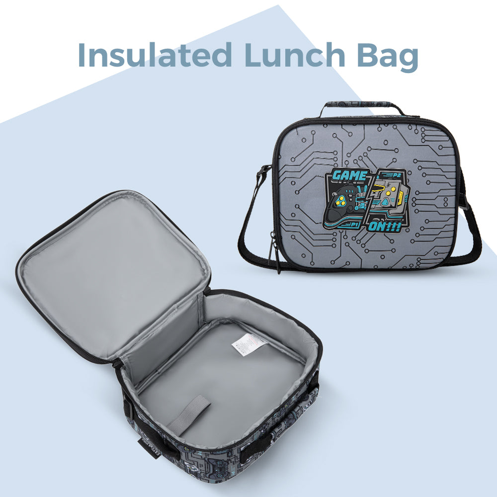 Eazy Kids 17” 3-Piece Trolley School Backpack Set for Kids – Gaming Design with Lunch Bag & Pencil Case, Grey
