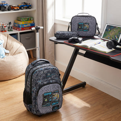 Eazy Kids 17” 3-Piece Trolley School Backpack Set for Kids – Gaming Design with Lunch Bag & Pencil Case, Grey