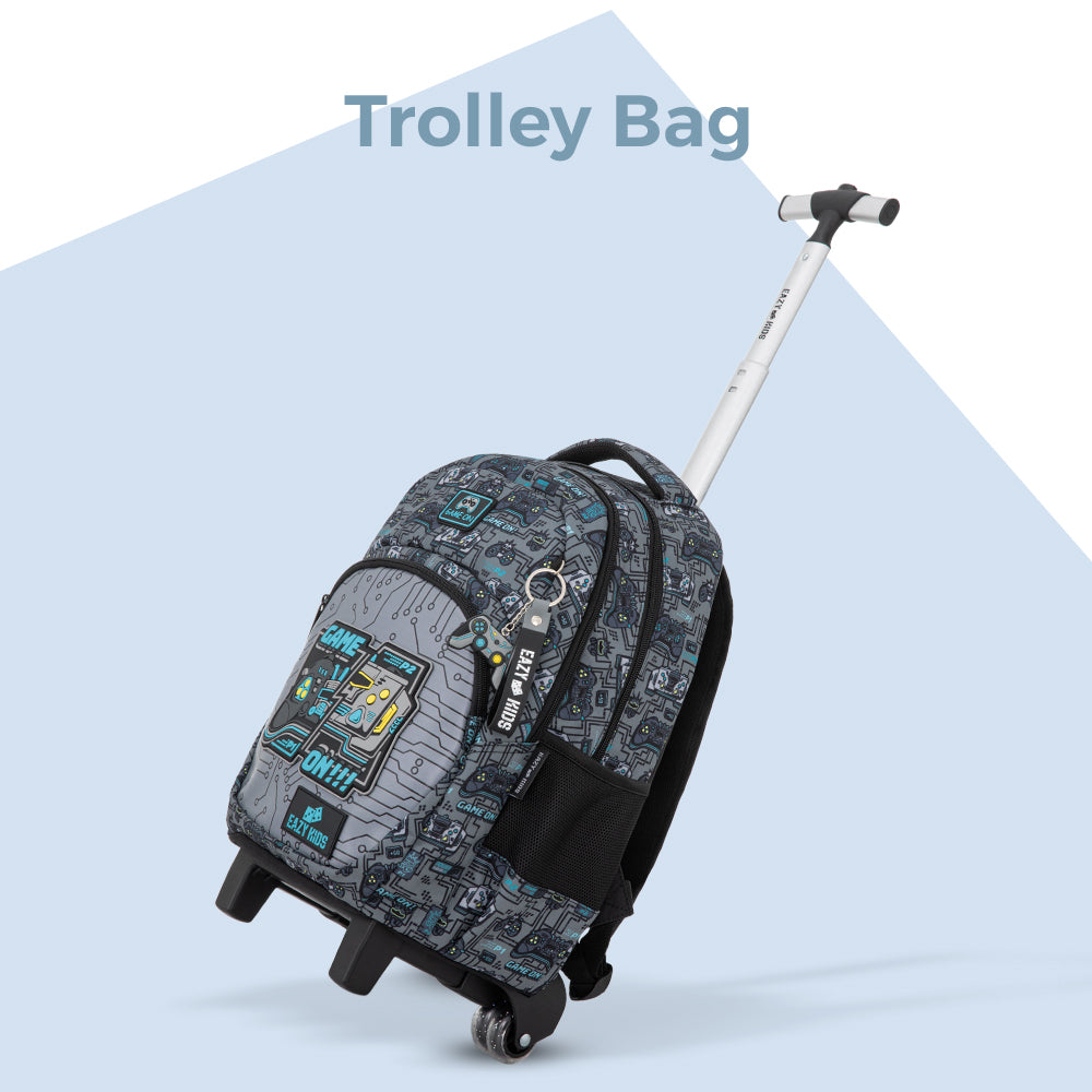 Eazy Kids 17” 3-Piece Trolley School Backpack Set for Kids – Gaming Design with Lunch Bag & Pencil Case, Grey