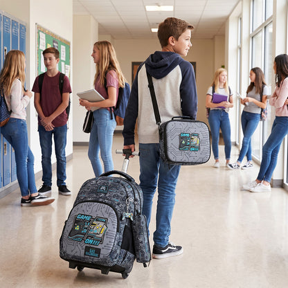 Eazy Kids 17” 3-Piece Trolley School Backpack Set for Kids – Gaming Design with Lunch Bag & Pencil Case, Grey