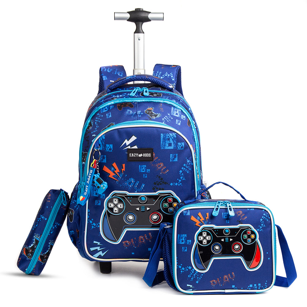 EAZY KIDS 18Inch Set of 3 Trolley School Bag with Lunch Bag and Pencil Case Gamer - Blue