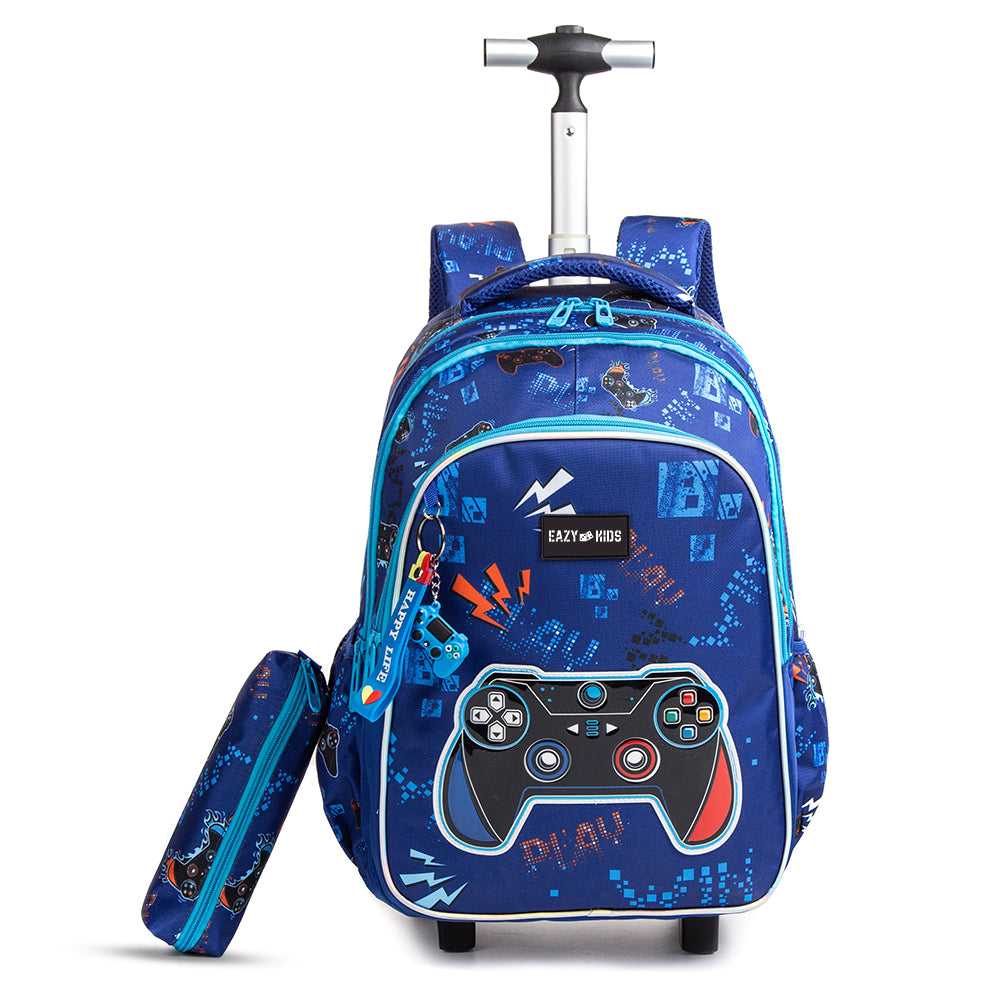 EAZY KIDS 18Inch Set of 3 Trolley School Bag with Lunch Bag and Pencil Case Gamer - Blue