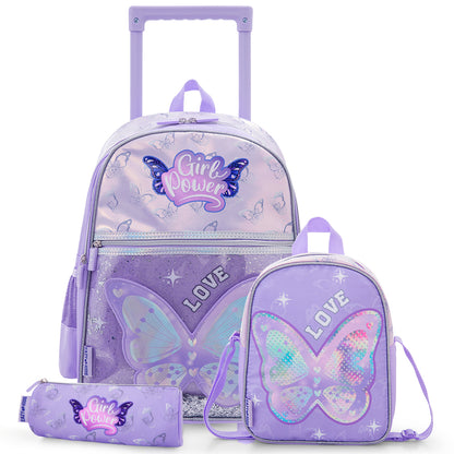 Eazy Kids 16” Trolley School Bag Set of 3 with Wheels – Backpack, Lunch Bag & Pencil Case w/ Laptop Compartment-Girl Power Purple