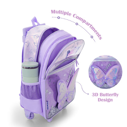 Eazy Kids 16” Trolley School Bag Set of 3 with Wheels – Backpack, Lunch Bag & Pencil Case w/ Laptop Compartment-Girl Power Purple