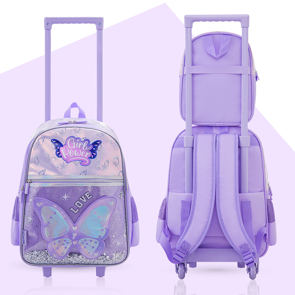 Eazy Kids 16” Trolley School Bag Set of 3 with Wheels – Backpack, Lunch Bag & Pencil Case w/ Laptop Compartment-Girl Power Purple