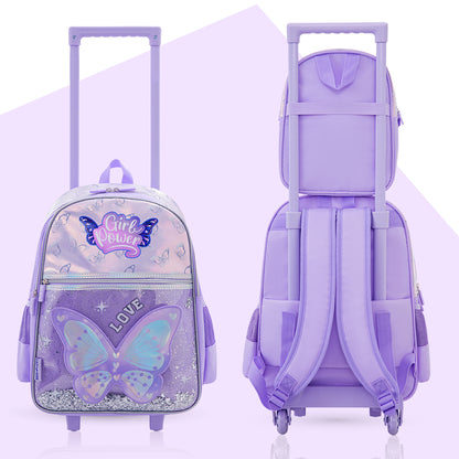Eazy Kids 16” Trolley School Bag Set of 3 with Wheels – Backpack, Lunch Bag & Pencil Case w/ Laptop Compartment-Girl Power Purple