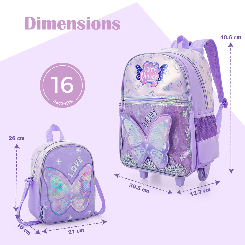 Eazy Kids 16” Trolley School Bag Set of 3 with Wheels – Backpack, Lunch Bag & Pencil Case w/ Laptop Compartment-Girl Power Purple