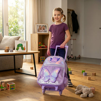 Eazy Kids 16” Trolley School Bag Set of 3 with Wheels – Backpack, Lunch Bag & Pencil Case w/ Laptop Compartment-Girl Power Purple