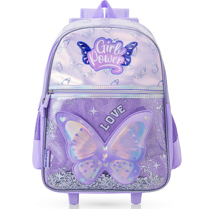 Eazy Kids 16” Trolley School Bag Set of 3 with Wheels – Backpack, Lunch Bag & Pencil Case w/ Laptop Compartment-Girl Power Purple