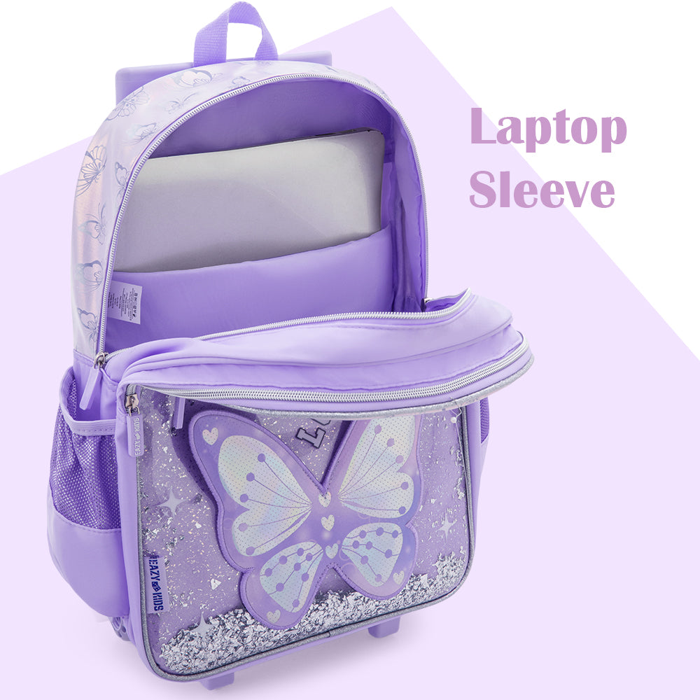 Eazy Kids 16” Trolley School Bag Set of 3 with Wheels – Backpack, Lunch Bag & Pencil Case w/ Laptop Compartment-Girl Power Purple