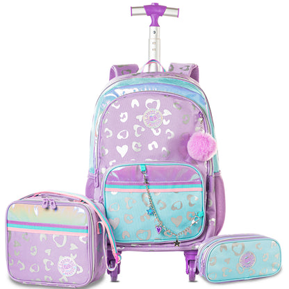 حقيبة مدرسية إيزي كيدز بعجلات بأربع عجلات، مقاس 17 بوصة، مجموعة من 3 قطع مع حقيبة غداء وحقيبة أقلام - لون بنفسجي غامق