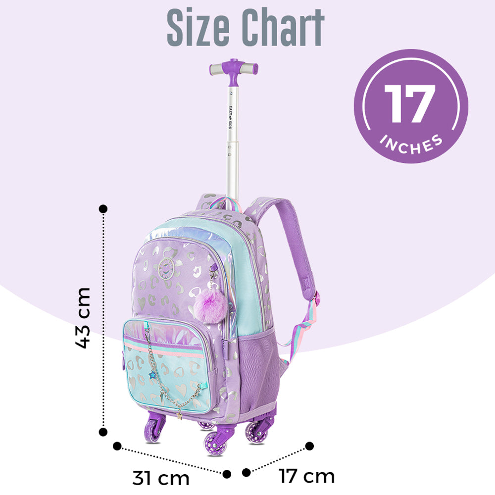 حقيبة مدرسية إيزي كيدز بعجلات بأربع عجلات، مقاس 17 بوصة، مجموعة من 3 قطع مع حقيبة غداء وحقيبة أقلام - لون بنفسجي غامق