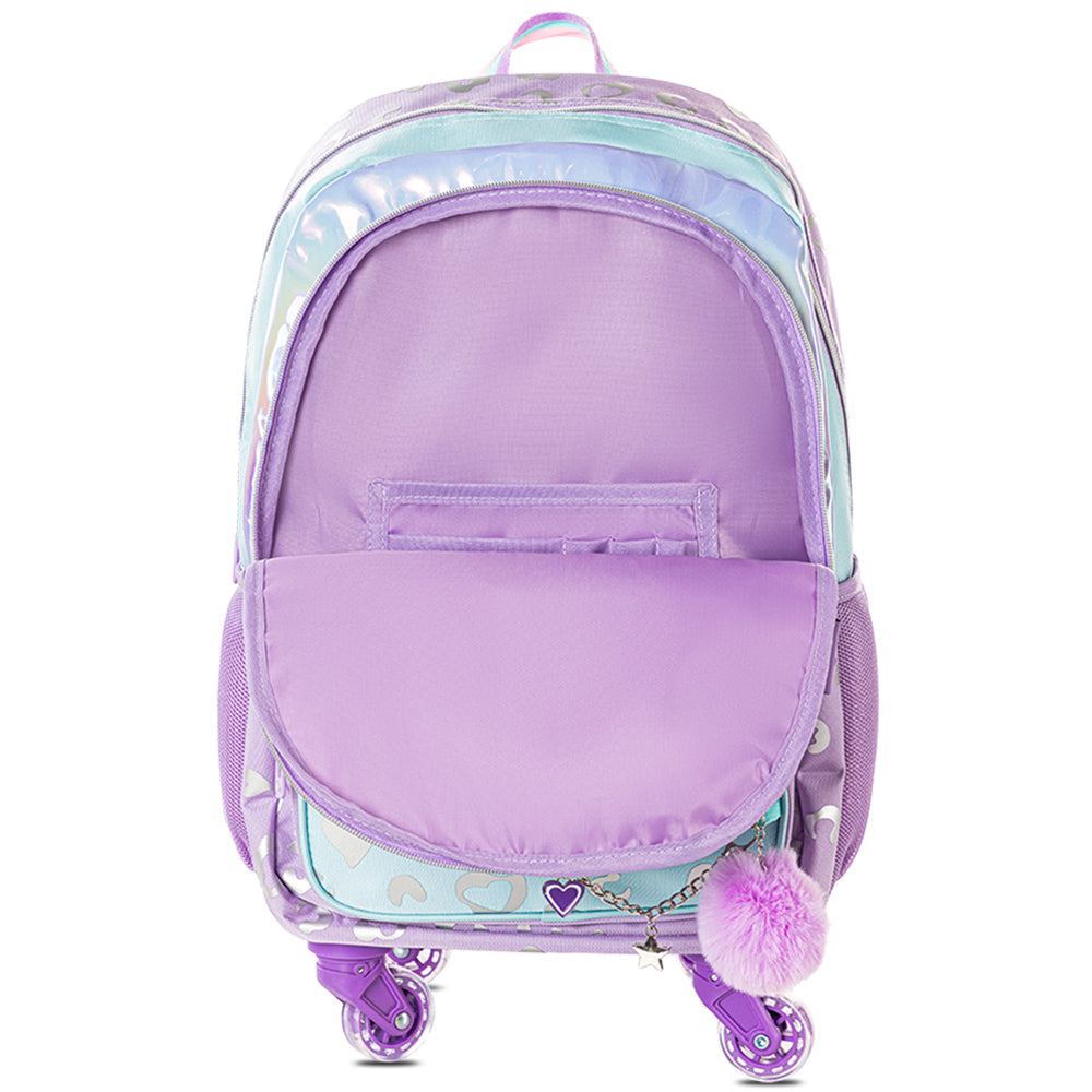 EAZY KIDS 4-wheel Trolley 17" School Bag Set of 3 w/Lunch Bag and Pencil Pouch - Love Purple