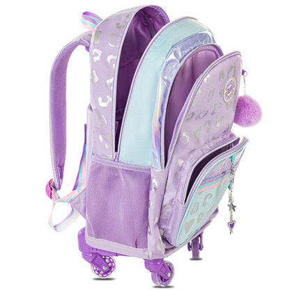 حقيبة مدرسية إيزي كيدز بعجلات بأربع عجلات، مقاس 17 بوصة، مجموعة من 3 قطع مع حقيبة غداء وحقيبة أقلام - لون بنفسجي غامق