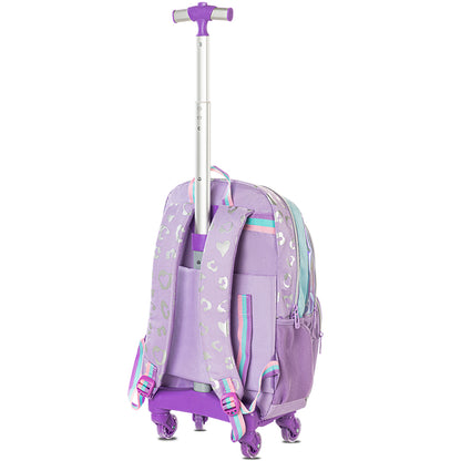 حقيبة مدرسية إيزي كيدز بعجلات بأربع عجلات، مقاس 17 بوصة، مجموعة من 3 قطع مع حقيبة غداء وحقيبة أقلام - لون بنفسجي غامق