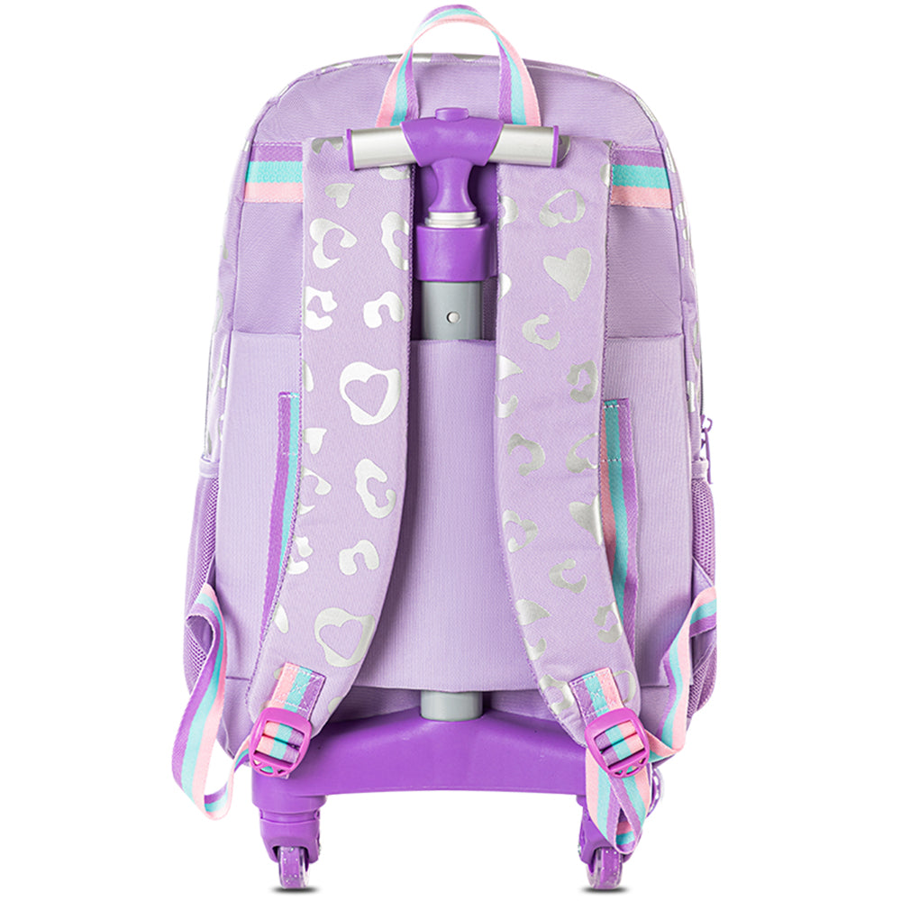 حقيبة مدرسية إيزي كيدز بعجلات بأربع عجلات، مقاس 17 بوصة، مجموعة من 3 قطع مع حقيبة غداء وحقيبة أقلام - لون بنفسجي غامق