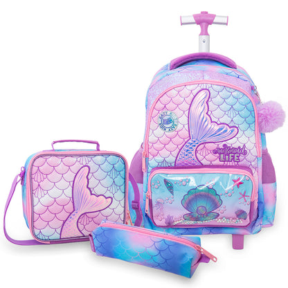 Eazy Kids 17” 3-Piece Trolley School Backpack Set for Kids – Mermaid Design with Lunch Bag & Pencil Case, Purple