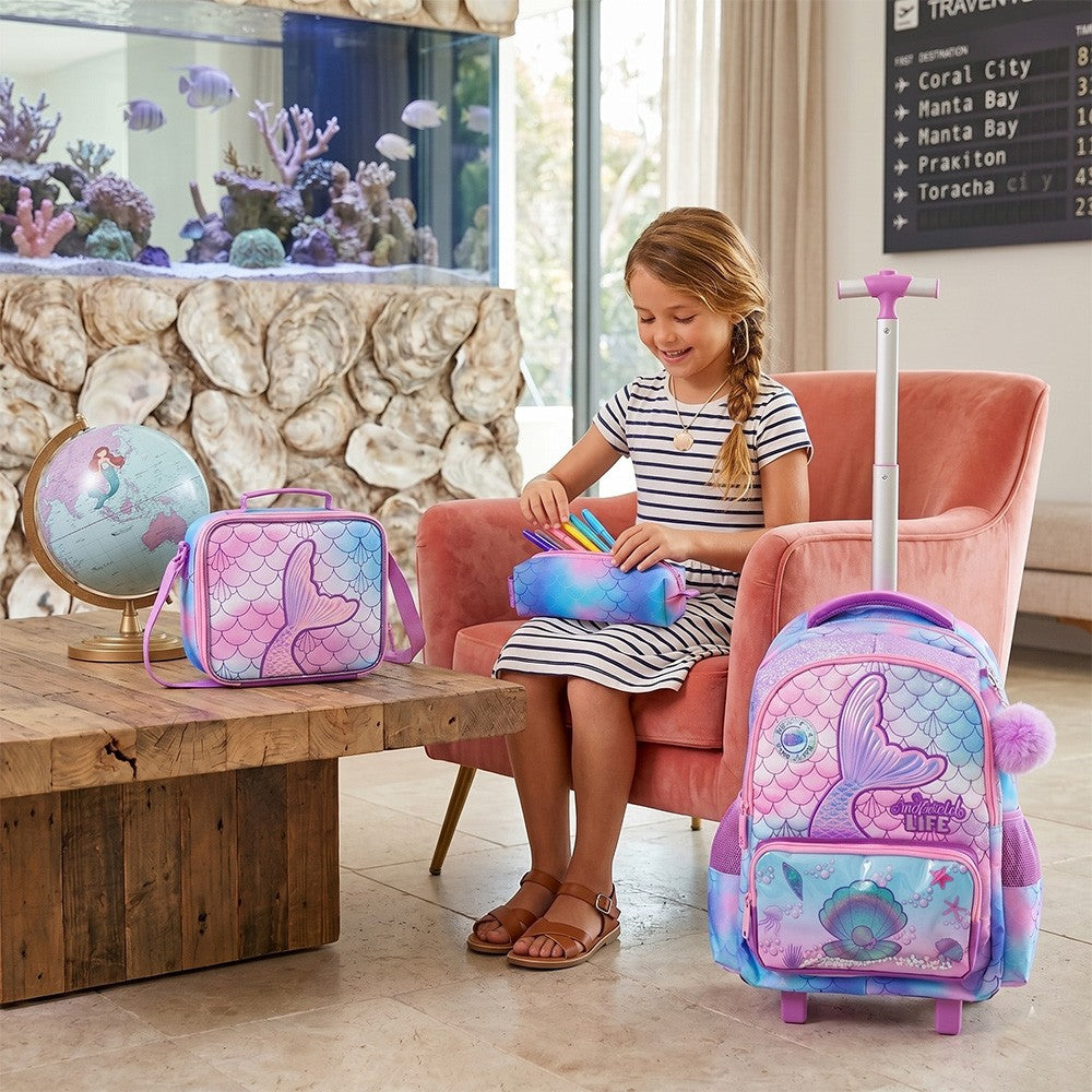Eazy Kids 17” 3-Piece Trolley School Backpack Set for Kids – Mermaid Design with Lunch Bag & Pencil Case, Purple