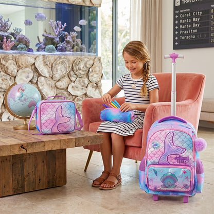 Eazy Kids 17” 3-Piece Trolley School Backpack Set for Kids – Mermaid Design with Lunch Bag & Pencil Case, Purple