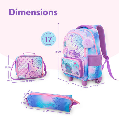 Eazy Kids 17” 3-Piece Trolley School Backpack Set for Kids – Mermaid Design with Lunch Bag & Pencil Case, Purple