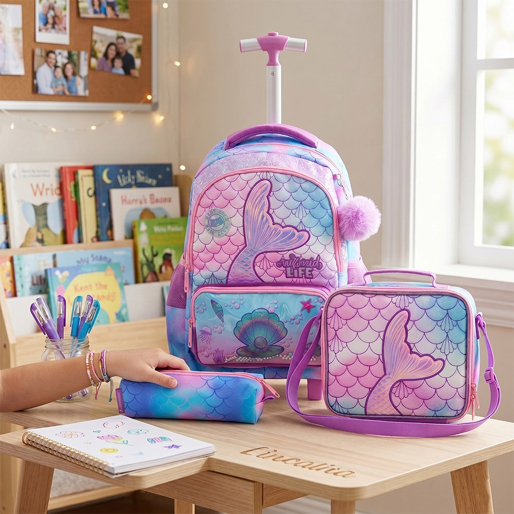 Eazy Kids 17” 3-Piece Trolley School Backpack Set for Kids – Mermaid Design with Lunch Bag & Pencil Case, Purple
