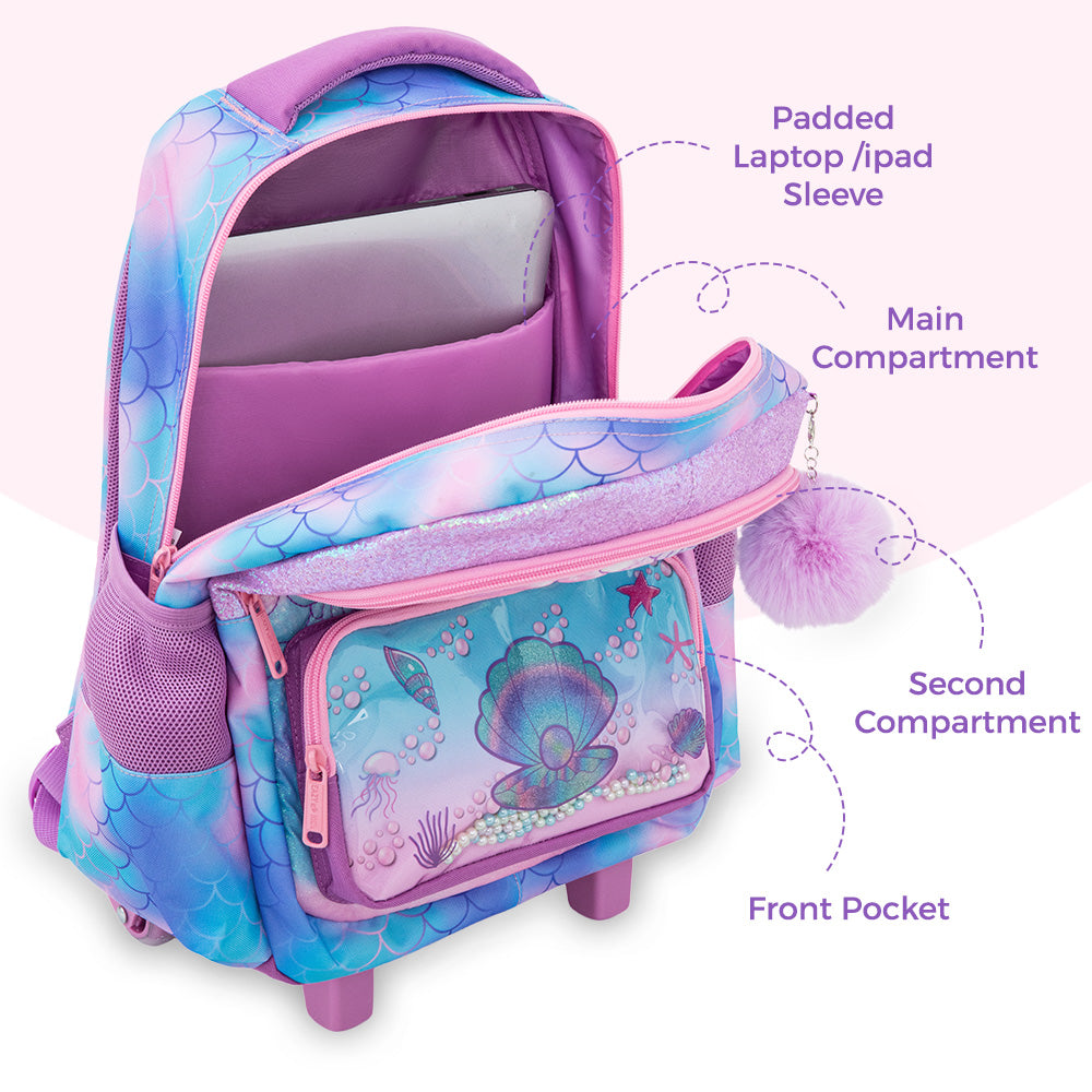 Eazy Kids 17” 3-Piece Trolley School Backpack Set for Kids – Mermaid Design with Lunch Bag & Pencil Case, Purple