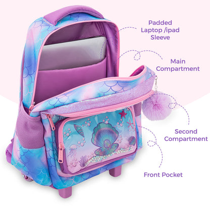 Eazy Kids 17” 3-Piece Trolley School Backpack Set for Kids – Mermaid Design with Lunch Bag & Pencil Case, Purple