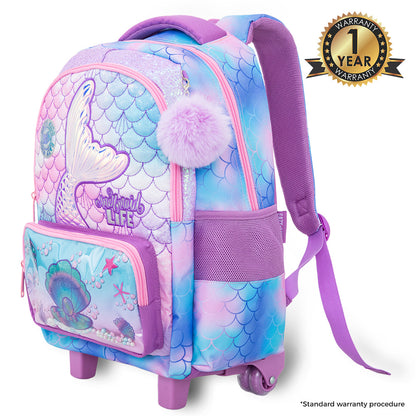 Eazy Kids 17” 3-Piece Trolley School Backpack Set for Kids – Mermaid Design with Lunch Bag & Pencil Case, Purple