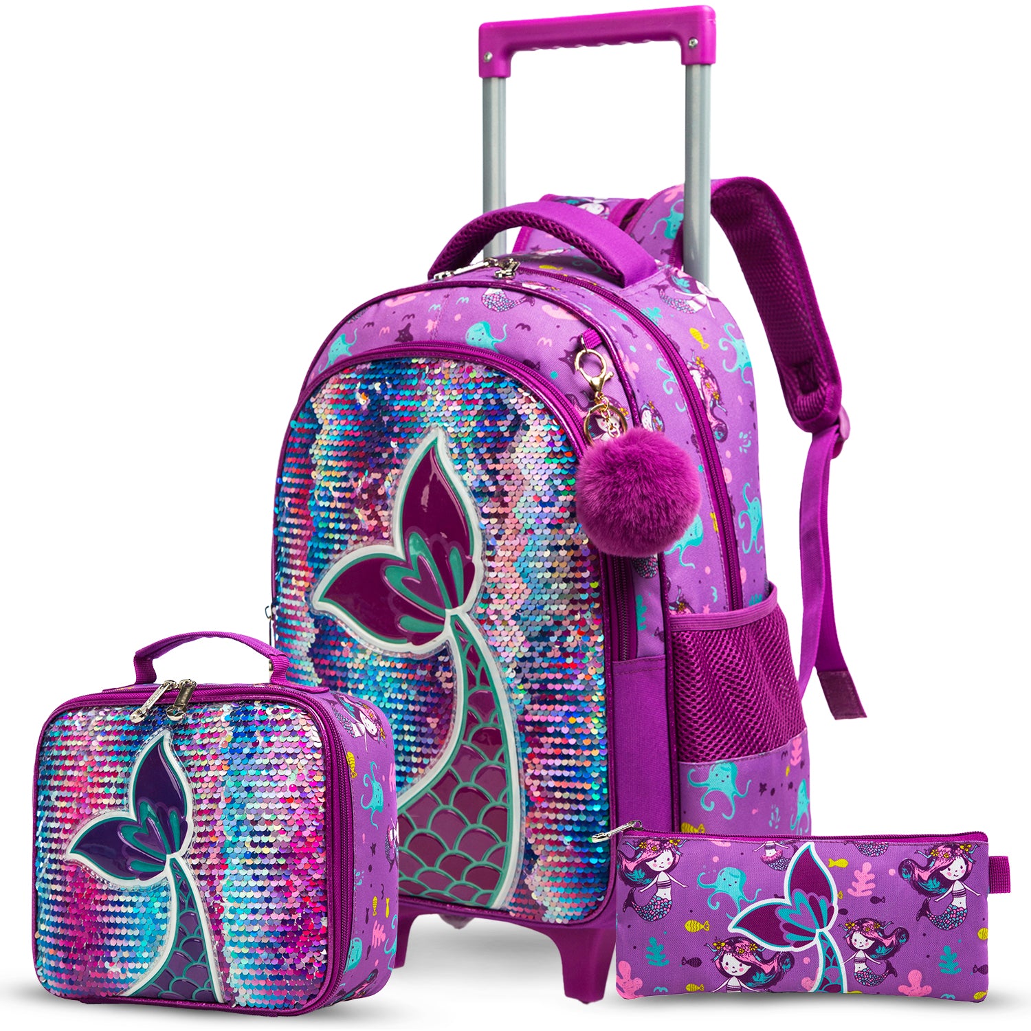 EAZY KIDS - 18 inch Set of 3 Trolley School Bag Lunch Bag & Pencil Case Mermaid - Purple