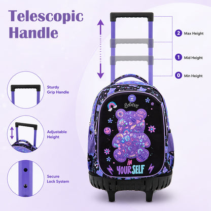 Eazy Kids 18” Trolley School Bag Set of 4– Trolley Backpack, Lunch Bag, Pencil Case and Coin Purse w/ Laptop Compartment,Teddy Black