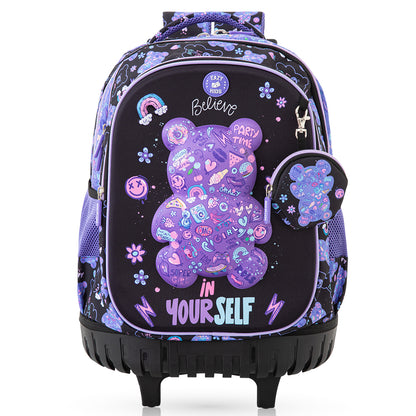 Eazy Kids 18” Trolley School Bag Set of 4– Trolley Backpack, Lunch Bag, Pencil Case and Coin Purse w/ Laptop Compartment,Teddy Black