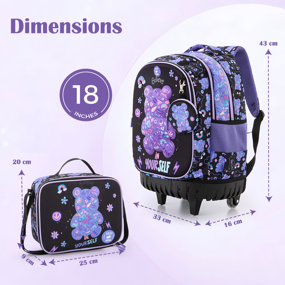 Eazy Kids 18” Trolley School Bag Set of 4– Trolley Backpack, Lunch Bag, Pencil Case and Coin Purse w/ Laptop Compartment,Teddy Black