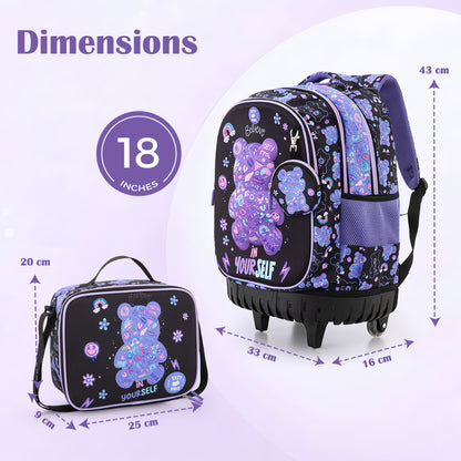 Eazy Kids 18” Trolley School Bag Set of 4– Trolley Backpack, Lunch Bag, Pencil Case and Coin Purse w/ Laptop Compartment,Teddy Black