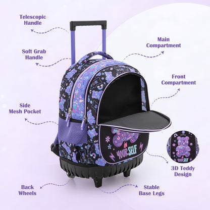 Eazy Kids 18” Trolley School Bag Set of 4– Trolley Backpack, Lunch Bag, Pencil Case and Coin Purse w/ Laptop Compartment,Teddy Black