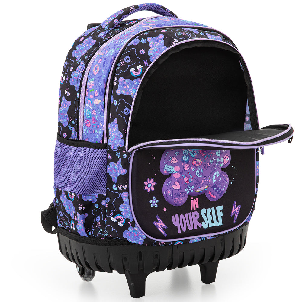 Eazy Kids 18” Trolley School Bag Set of 4– Trolley Backpack, Lunch Bag, Pencil Case and Coin Purse w/ Laptop Compartment,Teddy Black