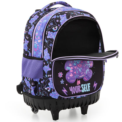 Eazy Kids 18” Trolley School Bag Set of 4– Trolley Backpack, Lunch Bag, Pencil Case and Coin Purse w/ Laptop Compartment,Teddy Black
