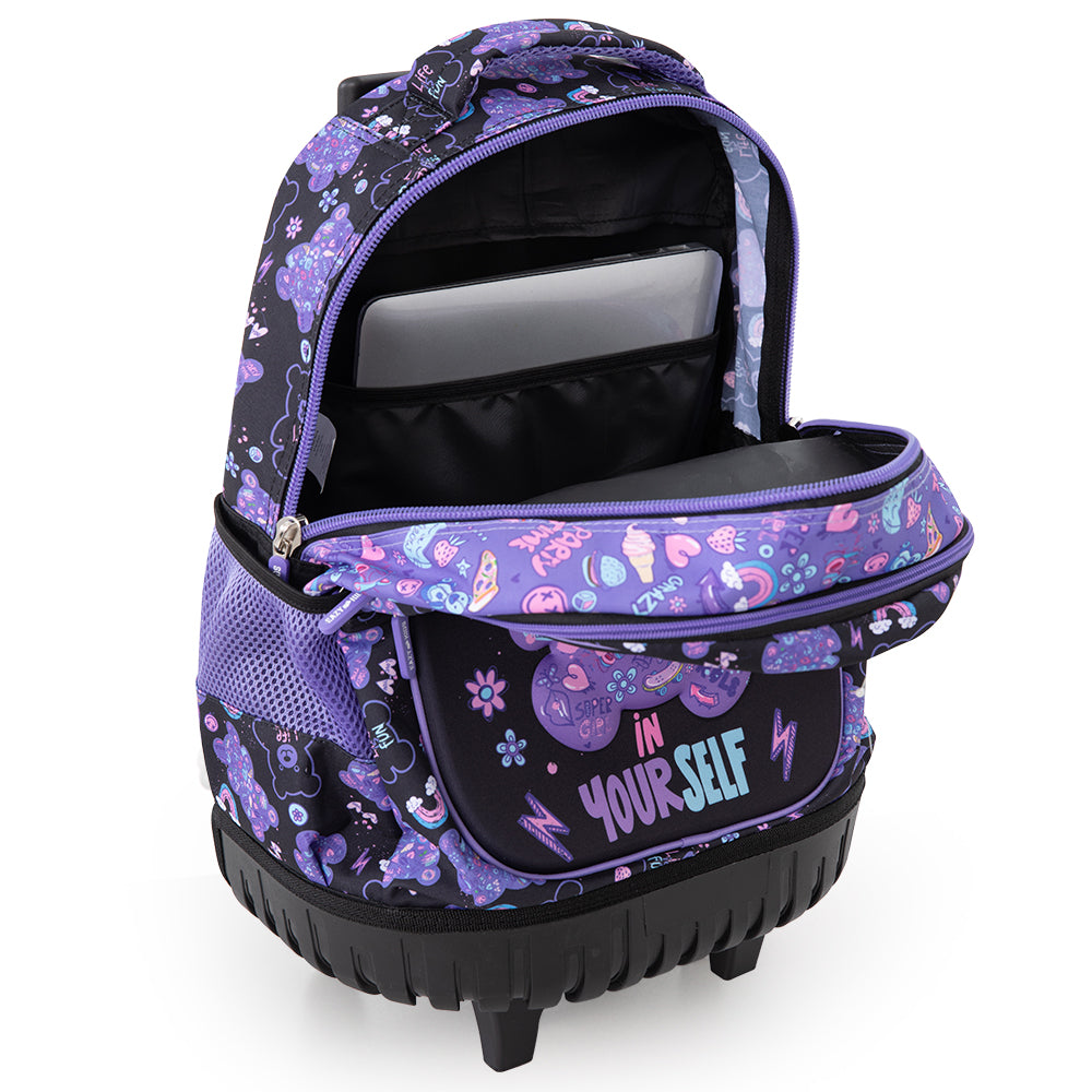 Eazy Kids 18” Trolley School Bag Set of 4– Trolley Backpack, Lunch Bag, Pencil Case and Coin Purse w/ Laptop Compartment,Teddy Black