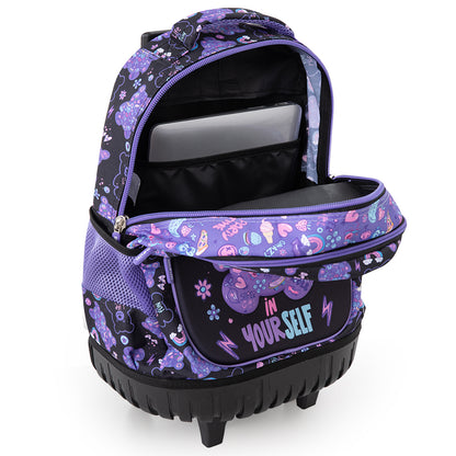 Eazy Kids 18” Trolley School Bag Set of 4– Trolley Backpack, Lunch Bag, Pencil Case and Coin Purse w/ Laptop Compartment,Teddy Black