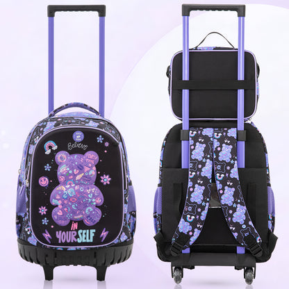 Eazy Kids 18” Trolley School Bag Set of 4– Trolley Backpack, Lunch Bag, Pencil Case and Coin Purse w/ Laptop Compartment,Teddy Black