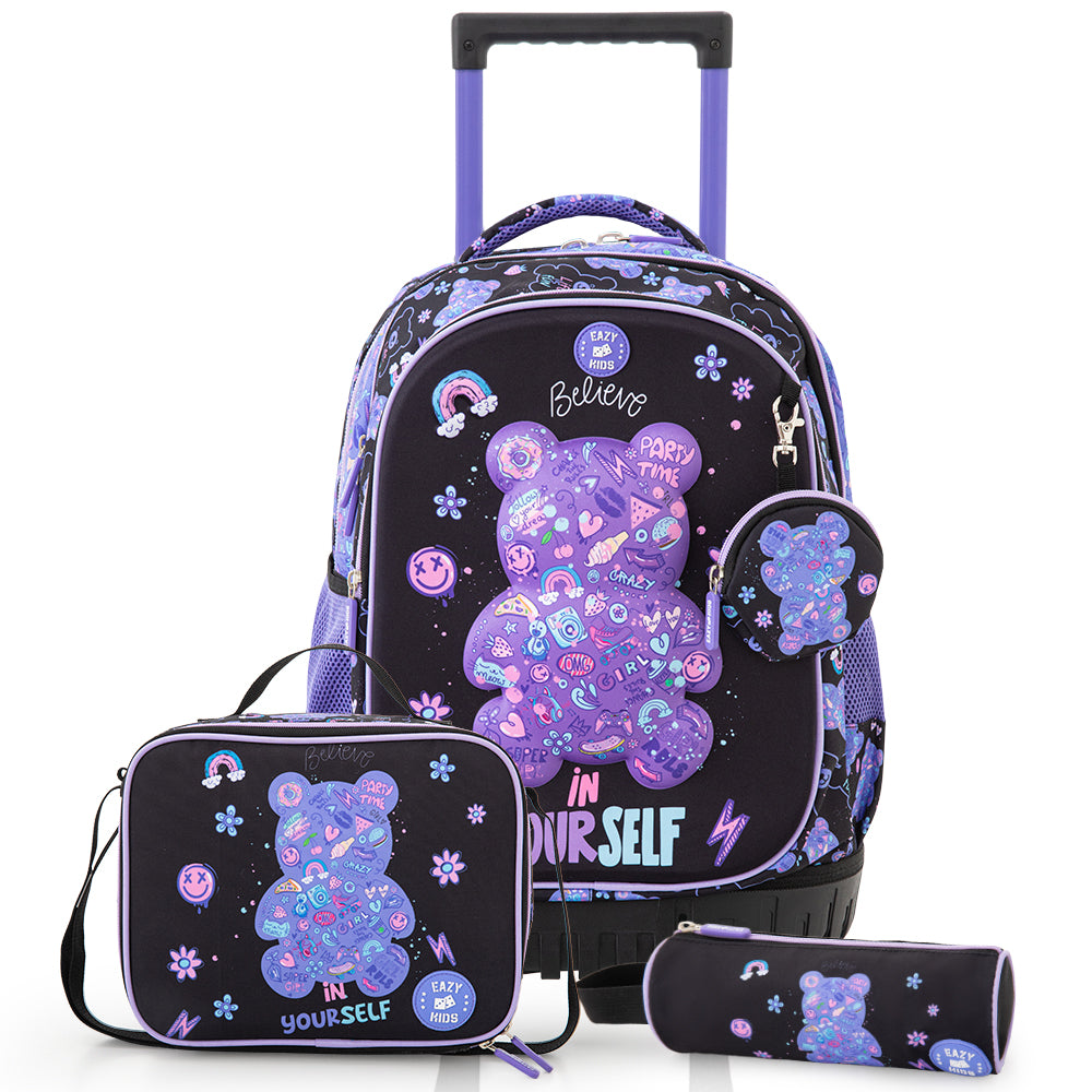 Eazy Kids 18” Trolley School Bag Set of 4– Trolley Backpack, Lunch Bag, Pencil Case and Coin Purse w/ Laptop Compartment,Teddy Black
