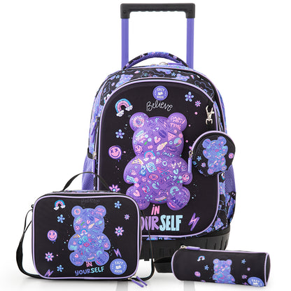 Eazy Kids 18” Trolley School Bag Set of 4– Trolley Backpack, Lunch Bag, Pencil Case and Coin Purse w/ Laptop Compartment,Teddy Black
